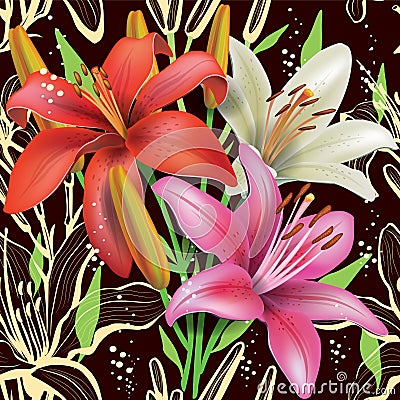 Seamless floral pattern with lilies Stock Photo