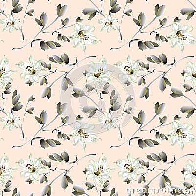 Seamless floral pattern - lily flowers elements, leaves branches on pink background Vector Illustration