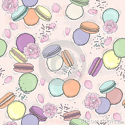 Seamless floral pattern with macaroons. Vector Illustration