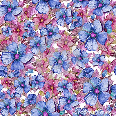 Seamless floral pattern made of red and blue malva flowers on white background. Watercolor painting. Cartoon Illustration