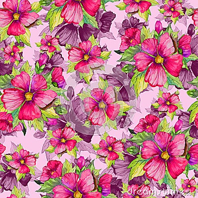 Seamless floral pattern made of red and purple malva flowers on pink background. Watercolor painting. Cartoon Illustration