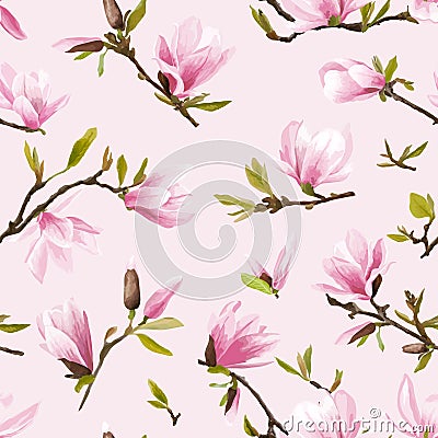 Seamless Floral Pattern. Magnolia Flowers and Leaves Background. Vector Illustration