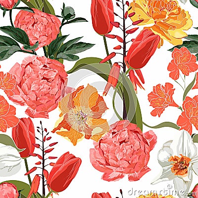 Seamless floral pattern with many kind of orange flowers: tulips, peony, tulips, narcissus on white background. Cartoon Illustration
