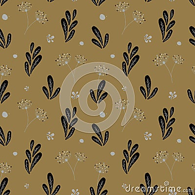 Seamless floral pattern. Monochrome pattern with dandelion leaves and flowers. on a dark blue background Stock Photo