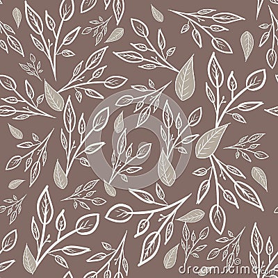 Seamless floral pattern with outline white branches and grey leaves on brown background. Summer/spring pattern. Traditional. Print Stock Photo