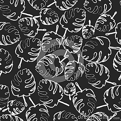 Seamless floral pattern. Palm leaves. The contours of the leaves. Chalk on black board Stock Photo