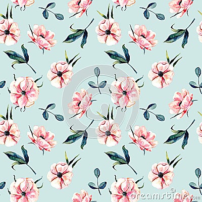 Seamless floral pattern with pink anemone flowers and green leaves Stock Photo