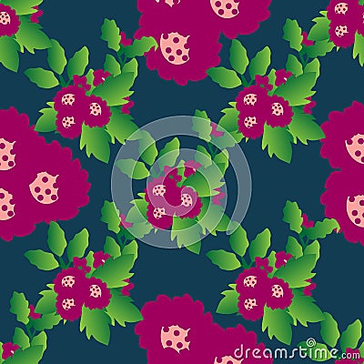 Seamless floral pattern with pretty red flowers and leaves Vector Illustration