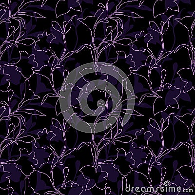 Seamless floral pattern. Pattern with purple Silhouette graphics flowers on black background. Alstroemeria. Seamless Cartoon Illustration