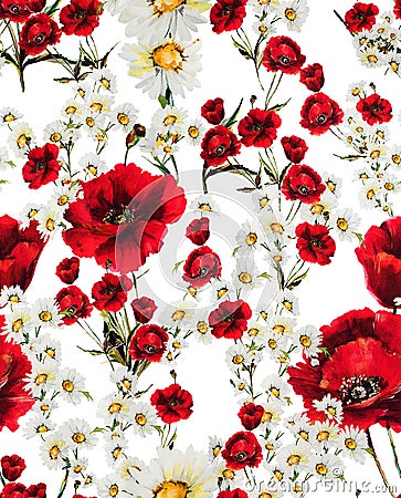 Seamless floral pattern with of red flowers and white daisy on white background. Ready for textile prints. Stock Photo