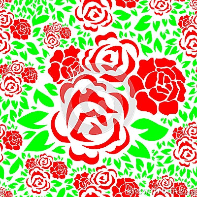 Seamless Floral Pattern with Red Rose Flower and Green Leaves Background Vector Illustration