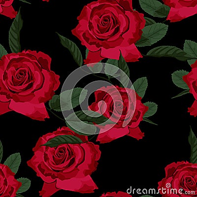 Seamless floral pattern with red roses on black background. Vector Illustration