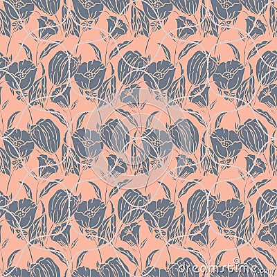 Seamless floral pattern with ropes, ribbons, tulips, poppies and lilies. Complex vector print in pink, smoky blue and grey Vector Illustration