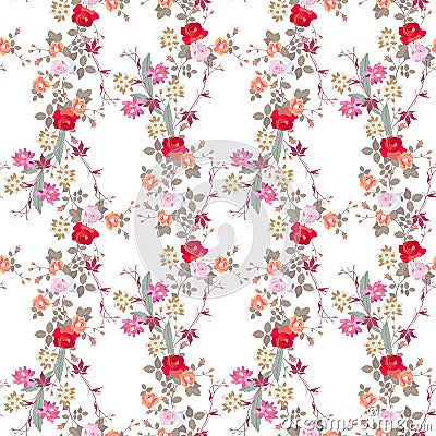 Seamless floral pattern with roses, chamomile and cactus flowers Vector Illustration