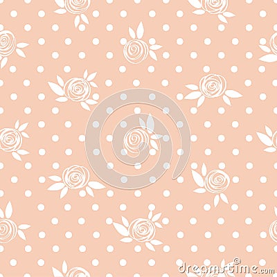 Seamless floral pattern, roses on the polka dot background. Vector Illustration