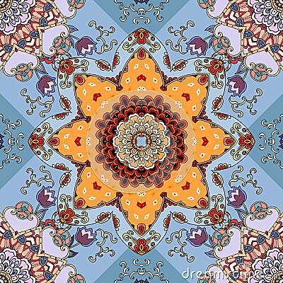 Seamless floral pattern. Scarf with sun mandala. Lovely tablecloth Vector Illustration