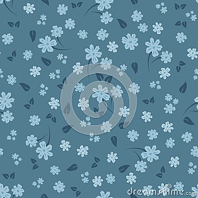Seamless floral pattern. Small flowers and leaves. Blue shades. Vector Illustration