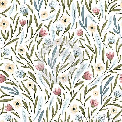 seamless floral pattern. spring flowers and herbs on a white background. colored pattern with small pink, blue and Cartoon Illustration