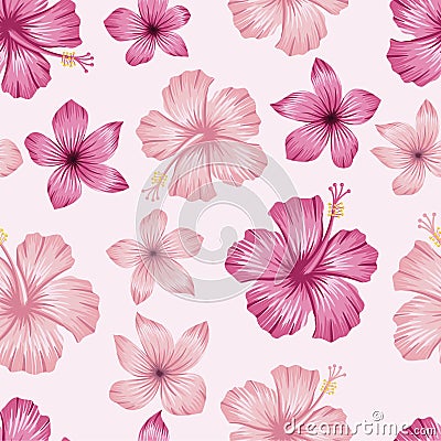 Seamless floral pattern, spring summer background with tropical flowers Vector Illustration