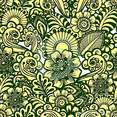 seamless floral pattern of stylized yellow elements with green outline, texture Stock Photo