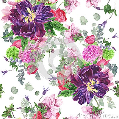 Seamless floral pattern with tulips, anemones, hydrangea, eucalyptus and leaves, watercolor painting. Stock Photo