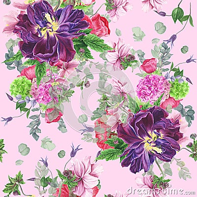 Seamless floral pattern with tulips, anemones, hydrangea, eucalyptus and leaves, watercolor painting. Stock Photo