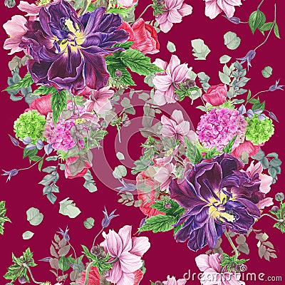 Seamless floral pattern with tulips, anemones, hydrangea, eucalyptus and leaves, watercolor painting. Stock Photo