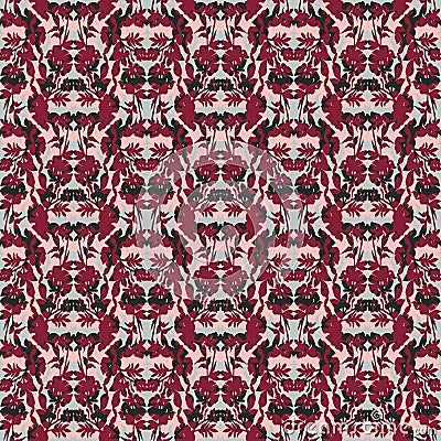 Seamless floral pattern with tulips, poppies and lilies. Complex vector print in burgundy, grey, black and pink. Vector Illustration