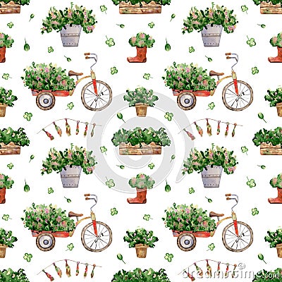 Seamless floral pattern. Watercolor background with bicycle with flowers, potted flower, flower in boot, box, leaves for spring Stock Photo