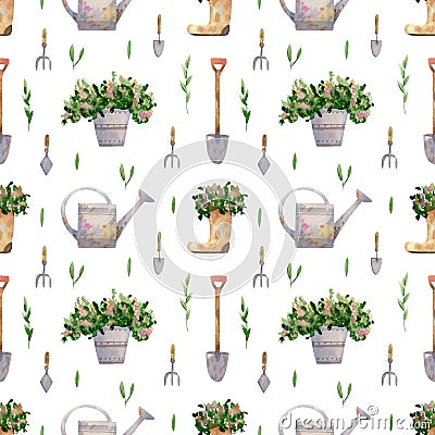 Seamless floral pattern. Watercolor background with flower in boot, flowers in bucket, Shovel, flower scoop, mini forks for Stock Photo