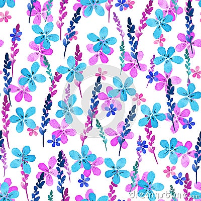 Seamless floral pattern with watercolor blue pink flowers and leaves in vintage style on white background. . Hand made Cartoon Illustration