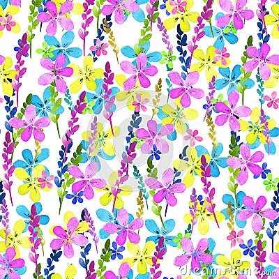 Seamless floral pattern with watercolor blue pink yellow flowers and leaves in vintage style on white background. . Hand Cartoon Illustration