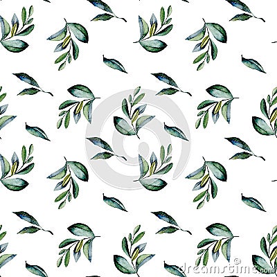 Seamless floral pattern with watercolor green laurel branches Stock Photo