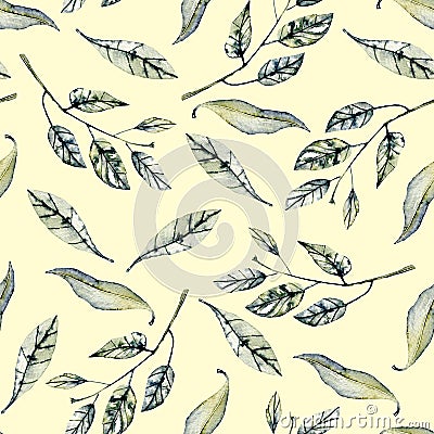 Seamless floral pattern with watercolor green leaves and branches Stock Photo