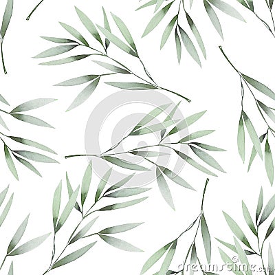 Seamless floral pattern with the watercolor green leaves on the branches Stock Photo