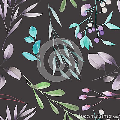 Seamless floral pattern with the watercolor green leaves on the branches and purple berries (Mistletoe) Stock Photo