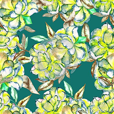 Seamless floral pattern with the watercolor green and yellow exotic flowers and brown leaves Stock Photo