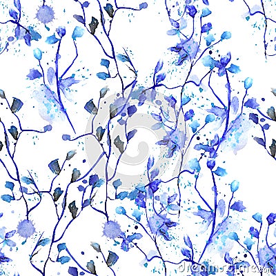 Seamless floral pattern with watercolor hand-draw blue flowers on the branches with blue leaves painted with blots Stock Photo