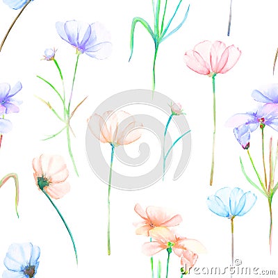 A seamless floral pattern with watercolor hand-drawn tender pink and purple cosmos flowers Stock Photo