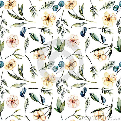 Seamless floral pattern with watercolor pink flowers, eucalyptus leaves and green branches Stock Photo