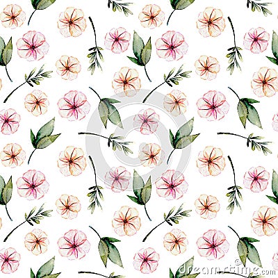 Seamless floral pattern with watercolor pink flowers, green leaves and branches Stock Photo