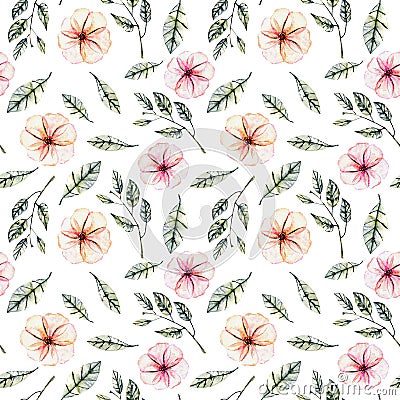 Seamless floral pattern with watercolor pink flowers, green leaves and branches Stock Photo