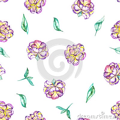 A seamless floral pattern with the watercolor purple and yellow exotic flowers (peony) and green leaves Stock Photo