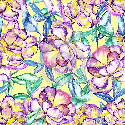 A seamless floral pattern with the watercolor violet and yellow exotic flowers and blue and green leaves Stock Photo