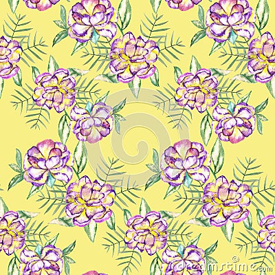 A seamless floral pattern with the watercolor violet and yellow exotic flowers and green leaves Stock Photo