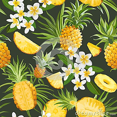 Seamless Floral Pineapple Vector Pattern, Plumeria Flowers Tropical Background, Palm Leaves, Fruit Texture Vector Illustration