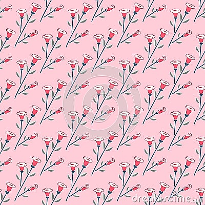 Seamless floral print, diagonal pattern of flowers and buds of white and scarlet color, stalk of color Marengo, gray leaves, pink Vector Illustration