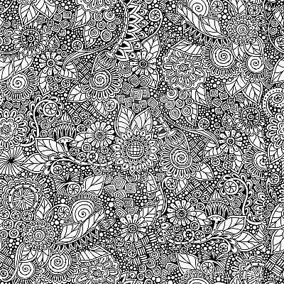 Seamless floral retro doodle black and white Vector Illustration