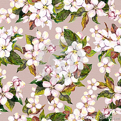 Seamless floral retro pattern with cherry flower - sakura blossom. watercolour artwork Stock Photo