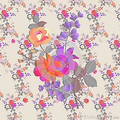 Seamless floral romantic pattern. Bouquets of roses, bell and cosmos flowers in watercolor style. Print for fabric Stock Photo